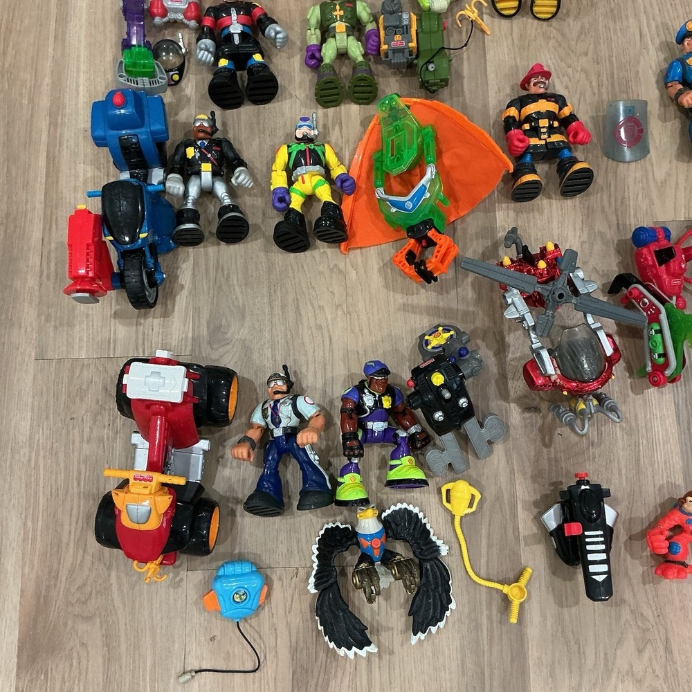 Vtg Fisher Price Rescue Heroes Figures Backpacks Vehicle Animals Lot 50+ Piece - Picture 2 of 8